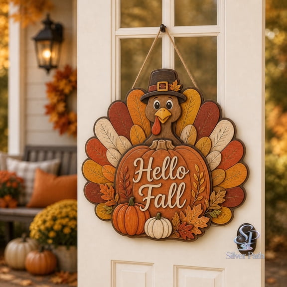 Wooden Door Hanger Harvest Turkey and Pumpkins Wood Front Door Decor for Thanksgiving Porch