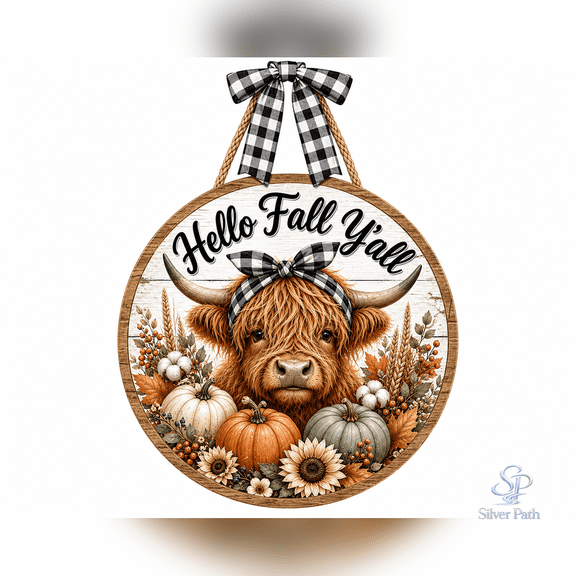 Wooden Door Hanger Highland Cow Pumpkin Fall Wood Front Door Decor for Farmhouse Porch
