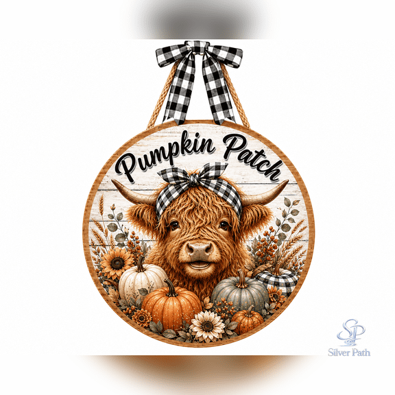 Wooden Door Hanger Highland Cow Pumpkin Patch Wood Front Door Sign for Fall Farmhouse Homes