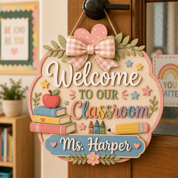 Wooden Door Hanger Personalized Classroom Welcome Wood Door Sign Teacher Gift