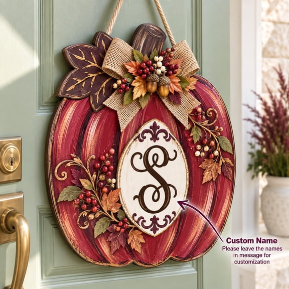 Wooden Door Hanger Personalized Initial Pumpkin, Floral Fall Decor