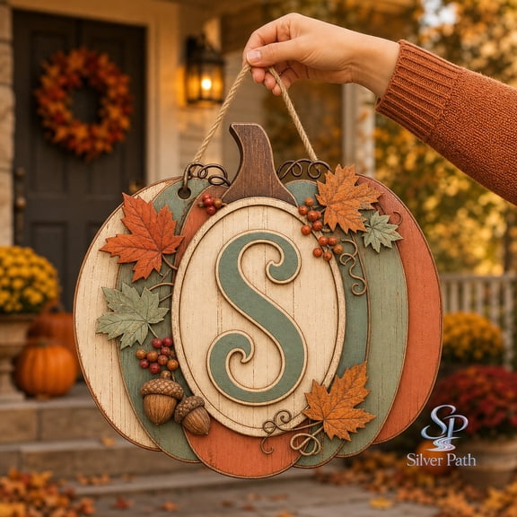 Wooden Door Hanger Personalized Pumpkin Monogram Front Door Fall Decor