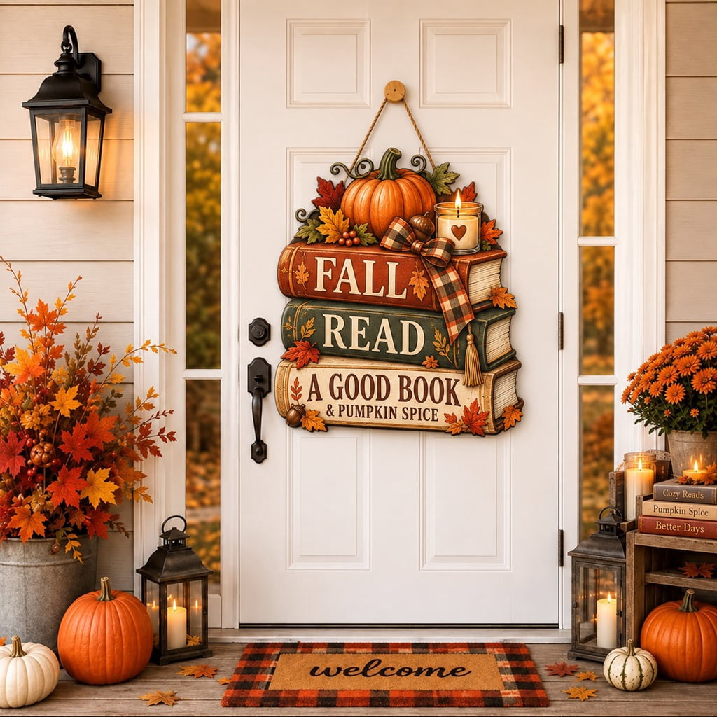 Wooden Door Hanger, Pumpkin Reading Stack Fall Entryway Sign for Book ...