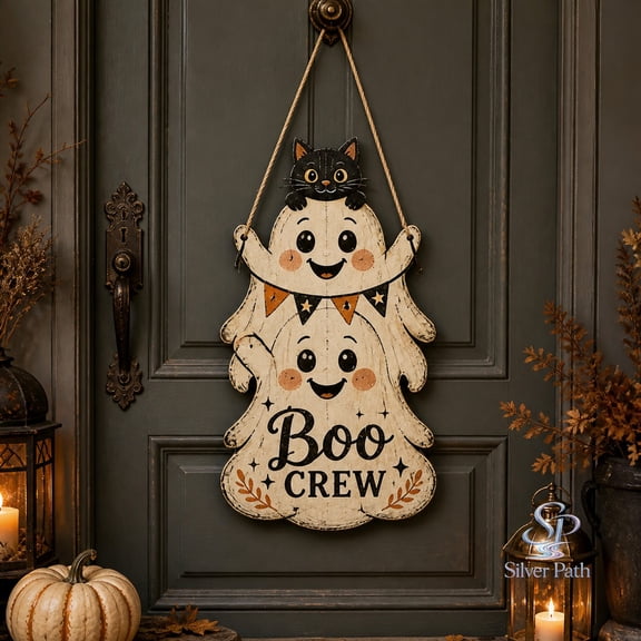 Wooden Door Hanger Vintage Black Cat and Ghost Wooden Front Door Decor for Halloween Entryway