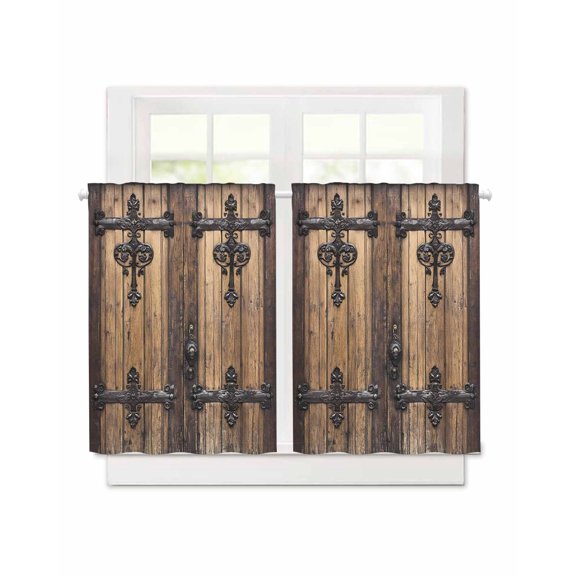 Wooden Door Short Blackout Curtains 36 Inch Long Barn Door Dilapidated Wood Grain Rod Pocket Kitchen Curtains, 2 Panels Thermal Insulated Room Darkening Drapes for Bedroom, 30"W x 36"L