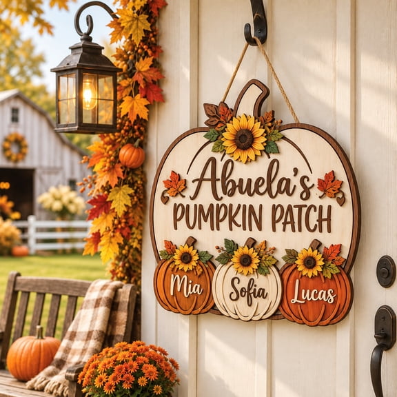 Wooden Door Sign, Abuela's Pumpkin Patch Personalized Fall Entryway Hanging for Thanksgiving