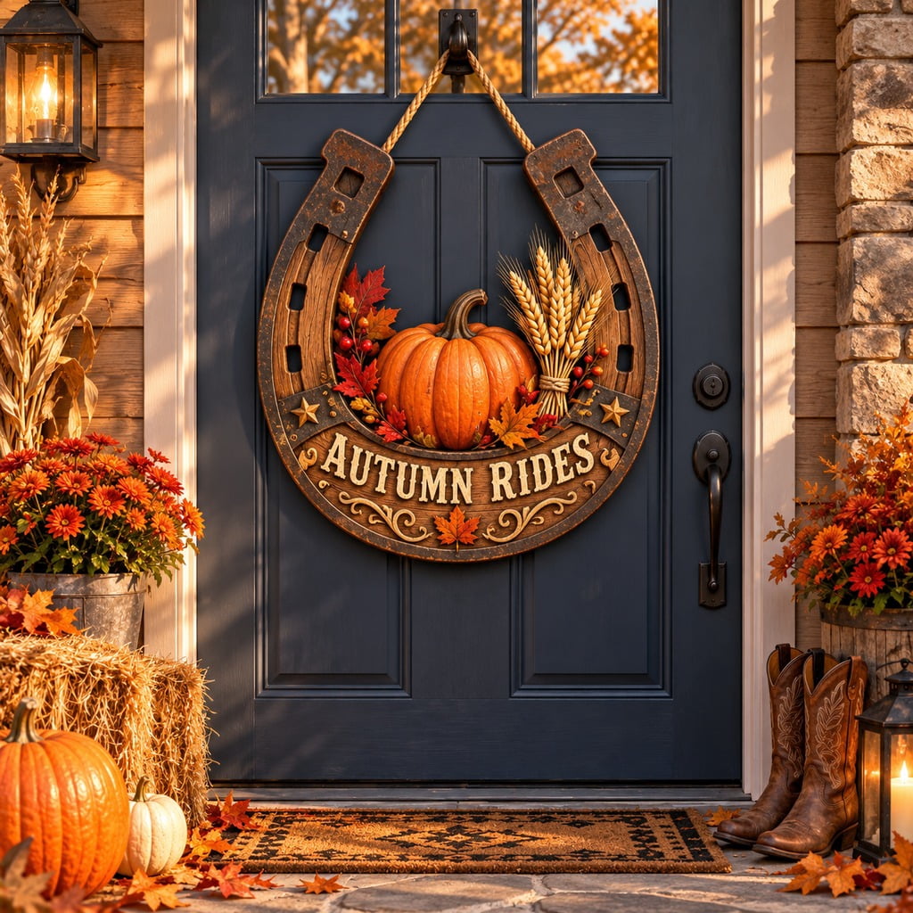 Wooden Door Sign Autumn Rides Horseshoe Pumpkin Front Entry Horse Lover ...