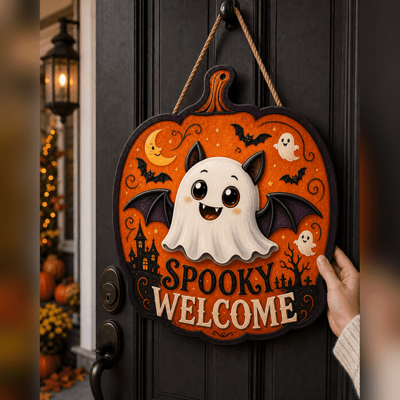 Wooden Door Sign Bat Ghost Halloween Pumpkin Wood Front Porch Welcome for Halloween Hosts