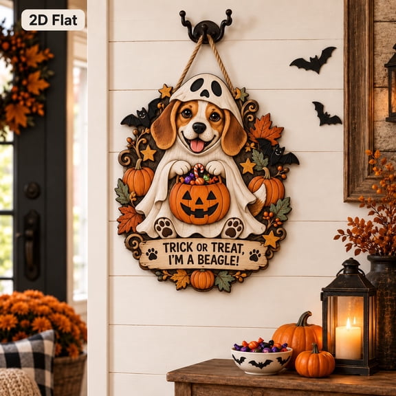 Wooden Door Sign Beagle Ghost Costume, Pumpkin Basket Front Porch Welcome for Halloween Dog Lovers