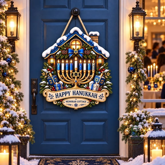 Wooden Door Sign Blue Gold Menorah Cottage Hanging Welcome for Hanukkah