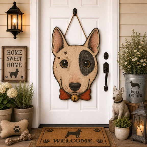 Wooden Door Sign Bull Terrier Halloween Wood Front Door Hanging for Dog Lovers