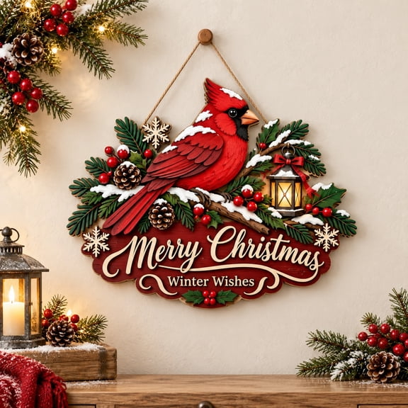 Wooden Door Sign Christmas Cardinal Winter Wishes Hanging Decoration for Holiday Entryway