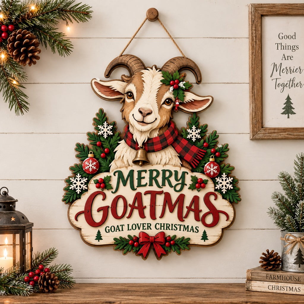 Wooden Door Sign, Christmas Goat Entryway Hanging for Caprine ...