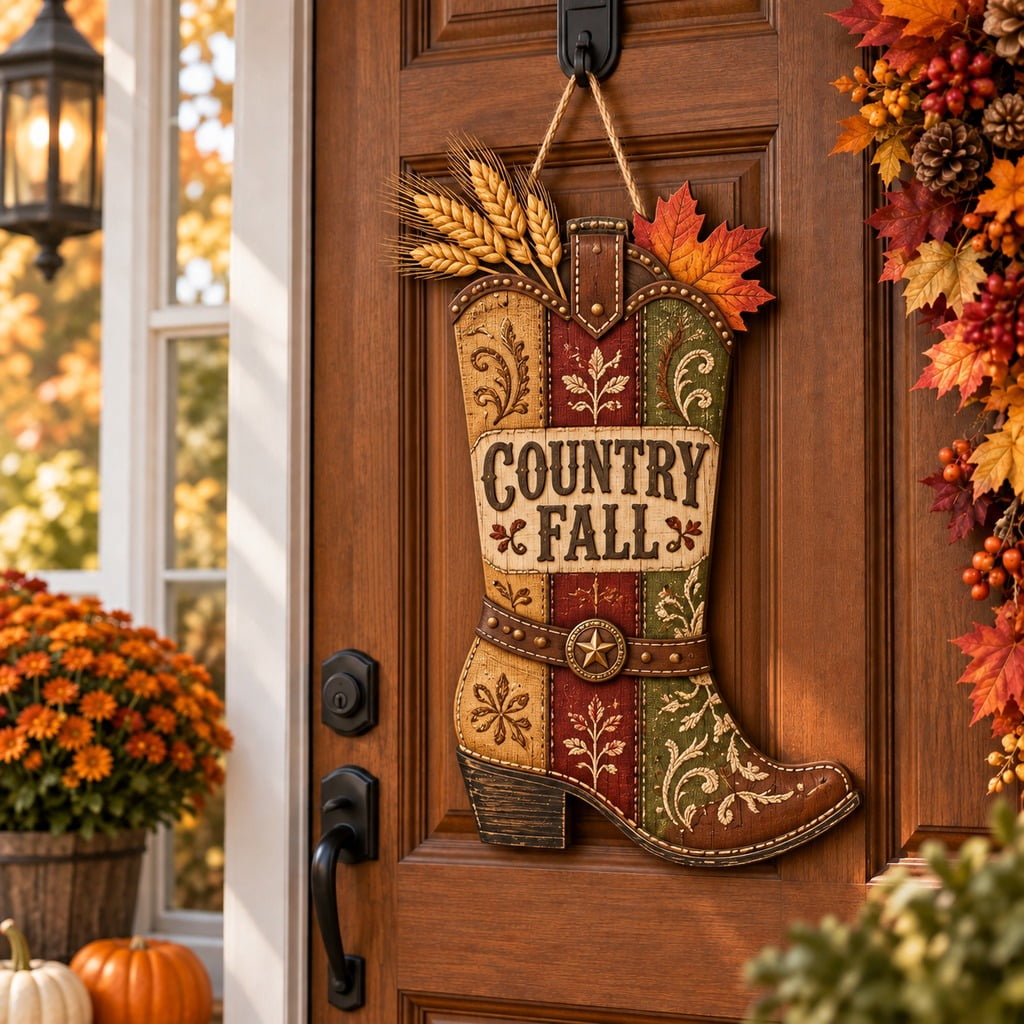Wooden Door Sign Country Fall Cowgirl Boot Front Entry Welcome Gift ...