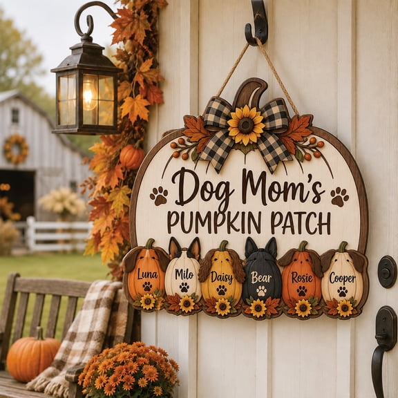 Wooden Door Sign, Dog Mom Pumpkin Patch, Rustic Fall Entryway Hanging for Thanksgiving