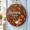 Family Point Sign Wooden Door Sign Fall Pumpkin Wreath Personalized Family Name Porch ...
