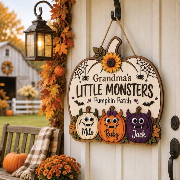 Wooden Door Sign, Grandma’s Little Monsters Pumpkin Patch Fall Hanging Gift