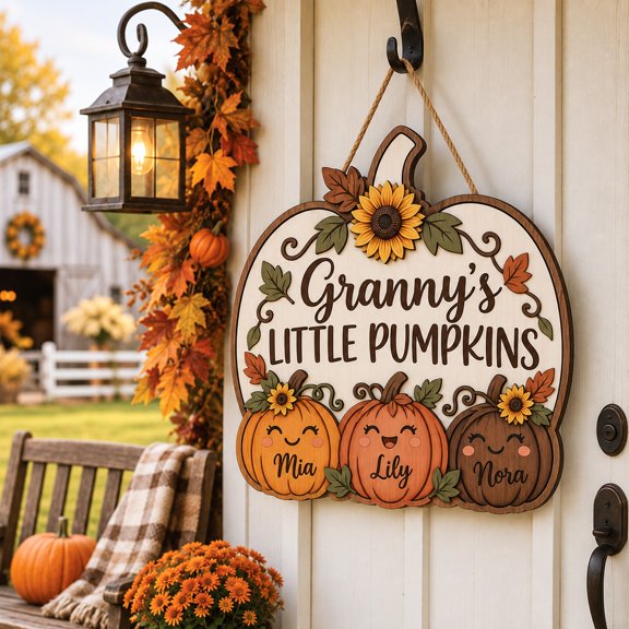 Wooden Door Sign, Granny's Little Pumpkins Personalized Front Porch Welcome for Thanksgiving