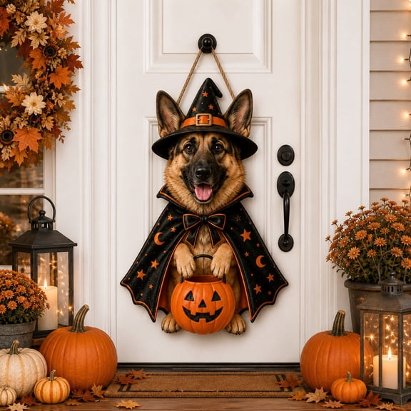Wooden Door Sign Halloween German Shepherd Front Door Hanging for Dog Lovers