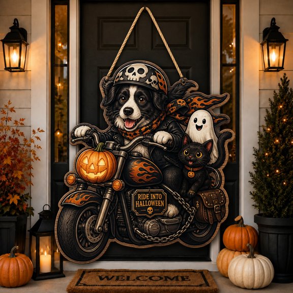 Wooden Door Sign Haunted Motorcycle Pup Halloween