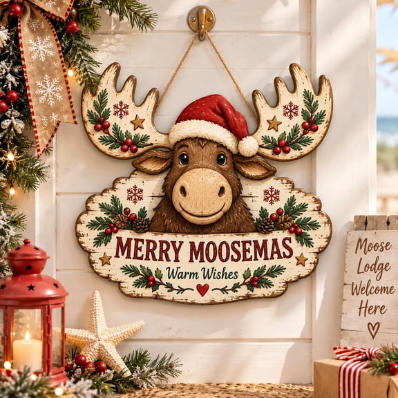 Wooden Door Sign Merry Moosemas Christmas Hanging for Holiday Hosts