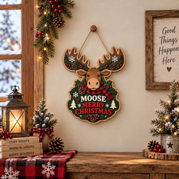 Wooden Door Sign Moose Merry Christmas, Holiday Entryway Decoration for Rustic Cabin