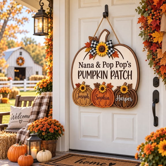 Wooden Door Sign, Nana and Pop's Pumpkin Patch, Rustic Fall Entryway Decor for Thanksgiving