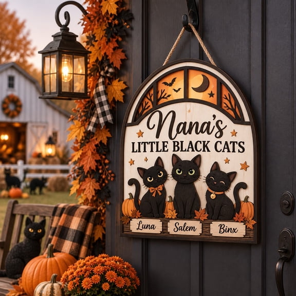 Wooden Door Sign, Nana's Little Black Cats, Fall Halloween Hanging for Pet Lovers