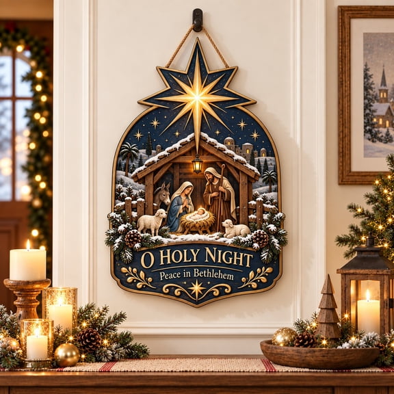 Wooden Door Sign O Holy Night Nativity Scene for Front Entry Christmas