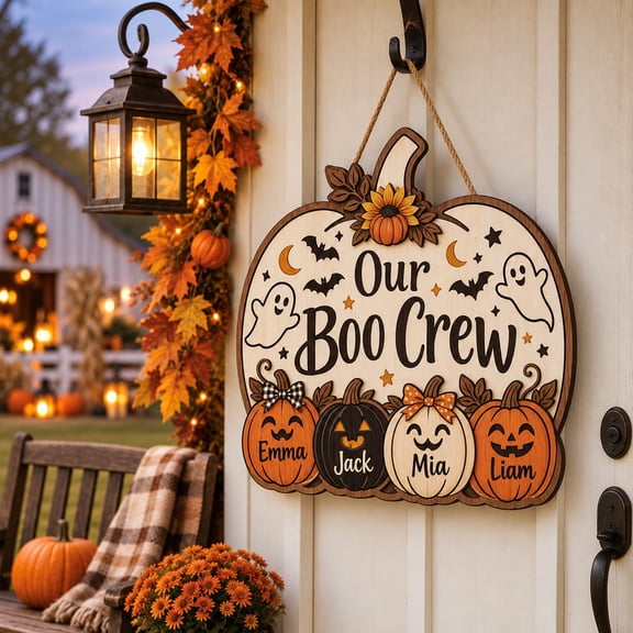 Wooden Door Sign Our Boo Crew Personalized Pumpkin Halloween Hanging Entryway Decor for Fall