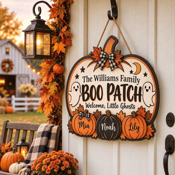Wooden Door Sign Personalized Pumpkin Boo Patch for Front Entry Thanksgiving Welcome