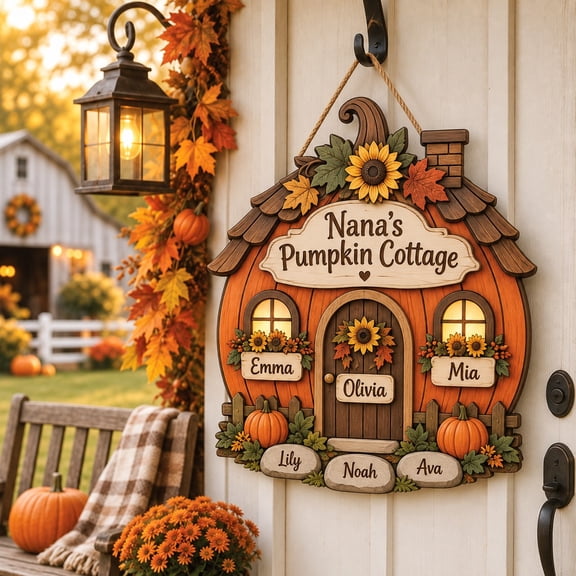 Wooden Door Sign, Personalized Pumpkin Cottage Fall Decor for Entryway, Thanksgiving Gift
