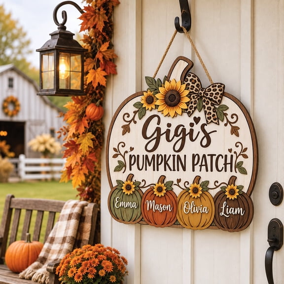 Wooden Door Sign Personalized Pumpkin Patch Entryway Hanging for Fall Thanksgiving