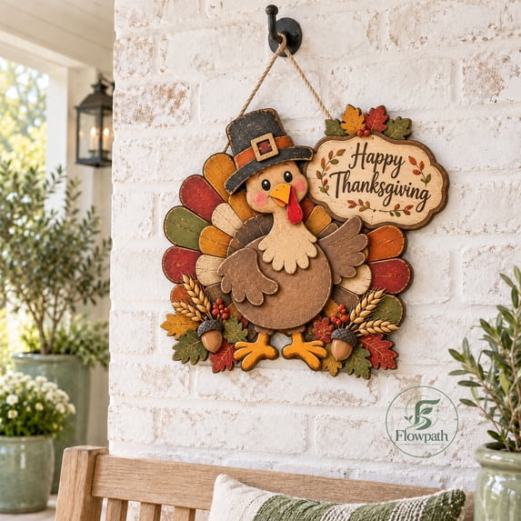 Wooden Door Sign Pilgrim Turkey Fall Leaves Front Porch Thanksgiving ...