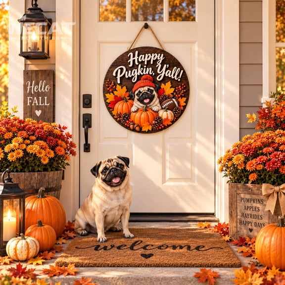 Wooden Door Sign Pug Pumpkin Autumn Foliage for Front Porch Dog Lovers