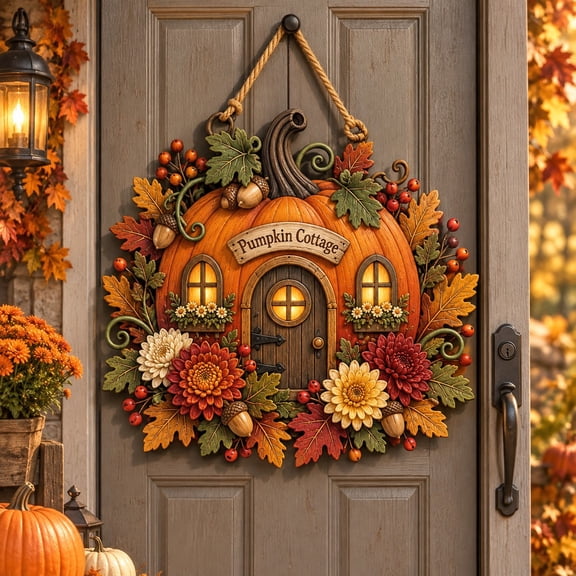Wooden Door Sign, Pumpkin Cottage Autumn Thanksgiving Hanging Decor for Front Entry