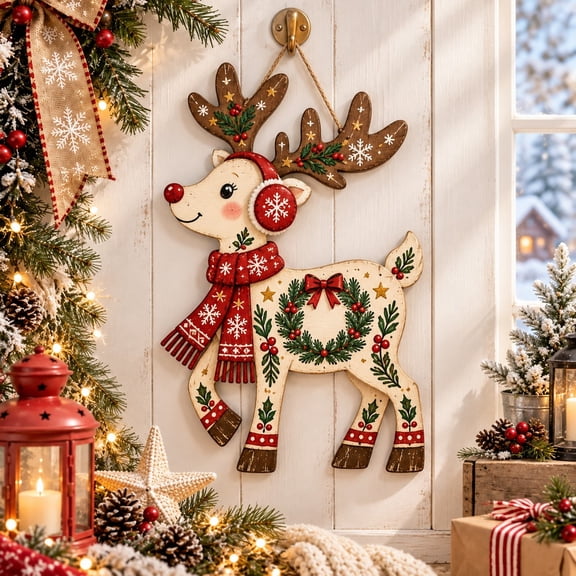 Wooden Door Sign Reindeer Christmas Hanging Decoration for Holiday Entryway