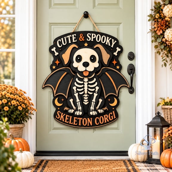 Wooden Door Sign Skeleton Corgi with Bat Wings Front Porch Hanging for Halloween