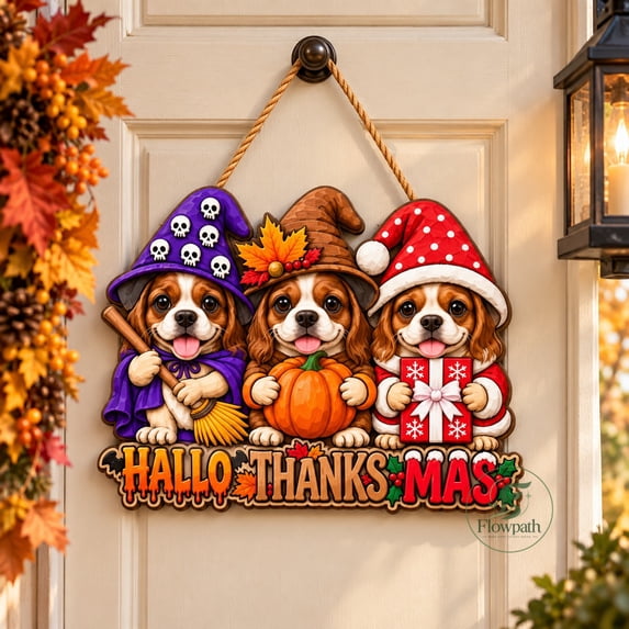 Wooden Door Sign Three Cavalier Spaniels Halloween Thanksgiving ...