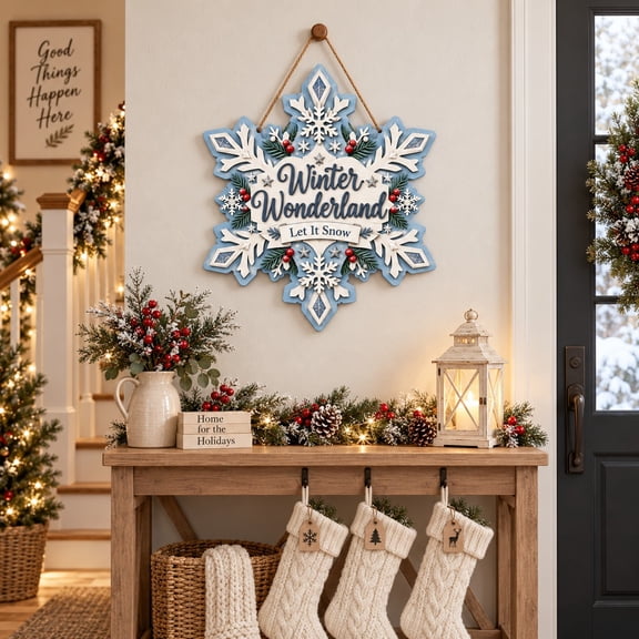 Wooden Door Sign Winter Wonderland Snowflake Front Entry Hanging Christmas Decor