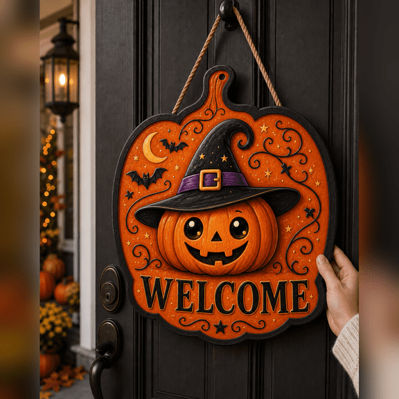 Wooden Door Sign Witch Pumpkin Halloween Wooden Front Porch Welcome Hanger for Fall Entryway