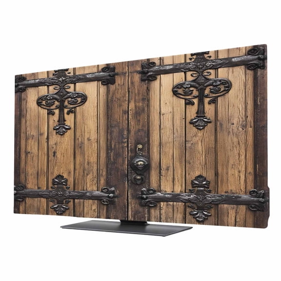 Wooden Door TV Dust Cover 85 Inch, Barn Door Dilapidated Wood Grain Computer Monitor Cover Dustproof Stretchable Indoor TV Screen Protector for LED LCD Universal Monitors