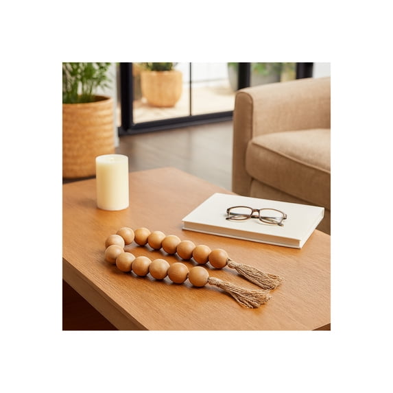 Wooden Beads Garland with Tassel Accent for Home Decor and Bathroom - Draped Styling Detail for Office, Room and Living Room - Shelf and Coffee Table Decor for Styled Surfaces - 2", Brown