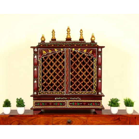 Wooden Double Door Puja Mandir For Home / Mandir With Cabinets Storage / Brown Pooja Mandir / Rajisthani Ethnic Handpainted Mandir For Home