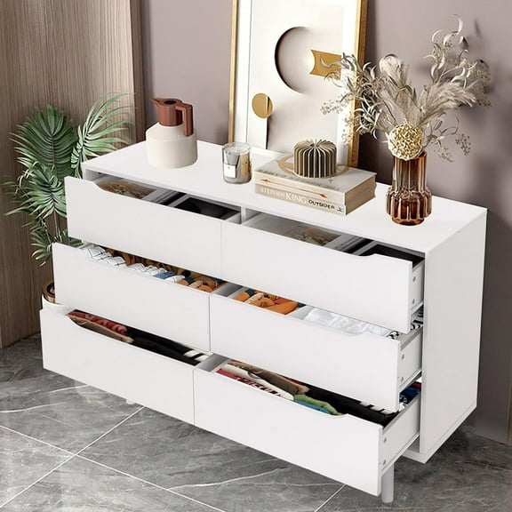 Wooden Double Dresser 6 Drawers Chest Bedroom Storage Furniture White