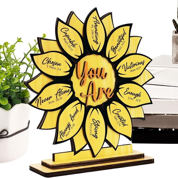 Wooden Double - Layer 3D Sunflower Desktop Decor - Motivational Quotes Design With Sturdy Base - For Home Office Shelf Living Room Bedroom Decor