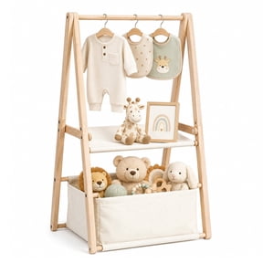 MQHOOB Wooden Double-Layer Baby Crate with Hangers, Foldable Nursery Storage, Baby Shower Gift & Clothing Display Rack