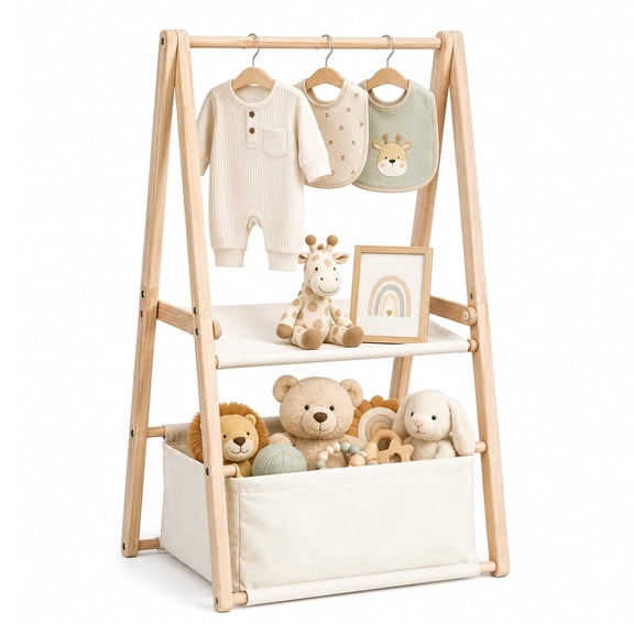 MQHOOB Wooden Double-Layer Baby Crate with Hangers, Foldable Nursery Storage, Baby Shower Gift & Clothing Display Rack