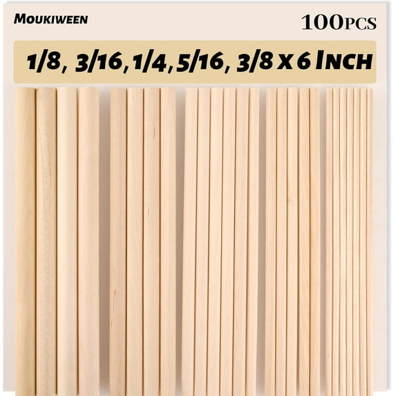 Wooden Dowel Rods, 100PCS 1/8, 3/16, 1/4, 5/16, 3/8 x 6 Inch Assorted Sizes Round Wooden Sticks for Arts Crafts, Home Decor, Cake Support, Unfinished Natural Hardwood Sticks