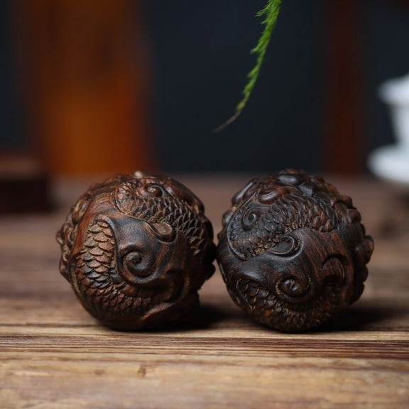 Wooden Dragon Carved Hand Exercise Balls Pair 4.8cm
